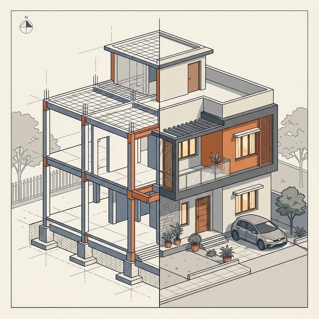 Homeowner reviewing house construction plans with a structural engineer on site in India